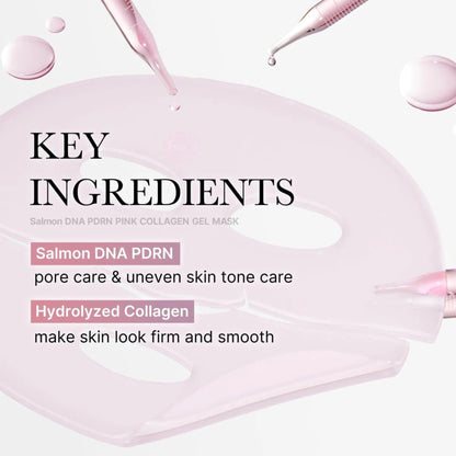 Pink collagen gel mask with text detailing key ingredients on a white background